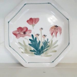 Artisan made pair octagonal luncheon plates 9" floral botanical stoneware pink